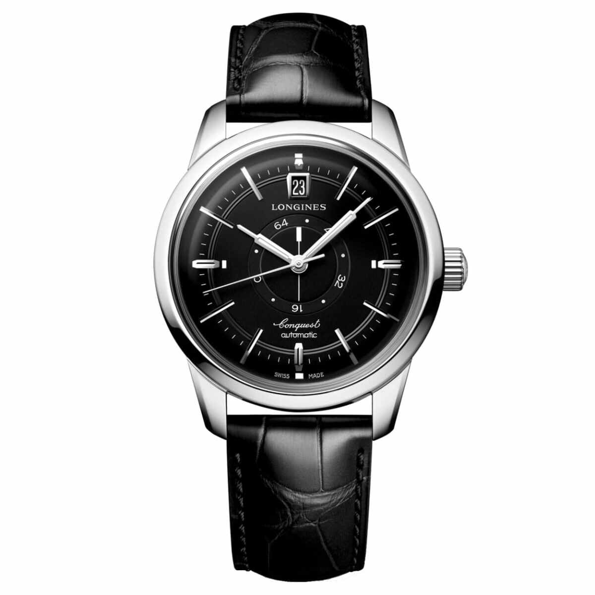 Longines Conquest Heritage Edelstahl Central Power Reserve Schwarz Herrenuhr Automatik mit Alligatorleder Armband 38mm L1.648.4.52.2