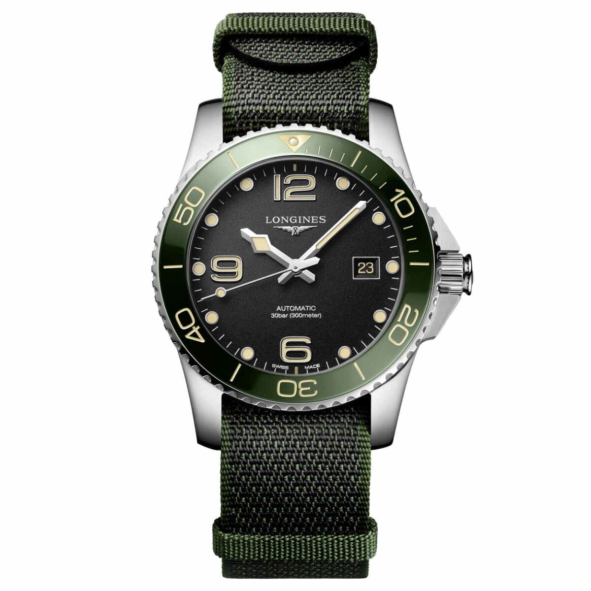 Longines HydroConquest Automatik 41mm Schwarz Grün Nato-Armband Herrenuhr Taucheruhr L3.781.4.05.2