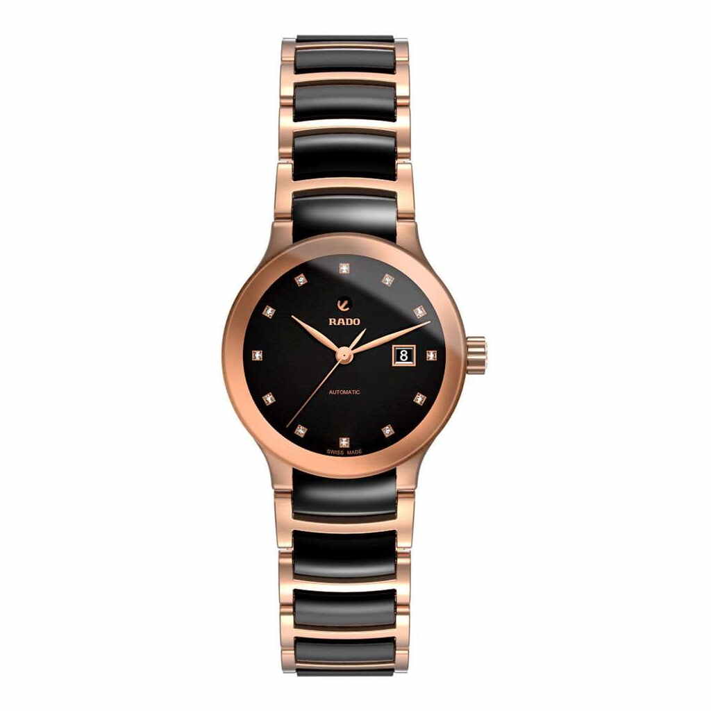Rado Centrix Automatic S Jubile Diamonds Damenuhr mit 12 Diamanten Schwarz Rosegold Keramik 28mm R30183732