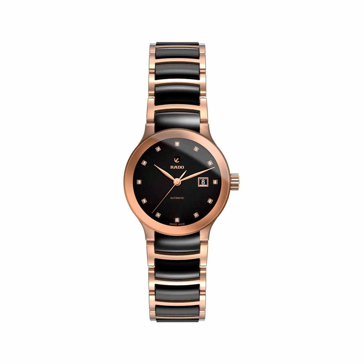 Rado Centrix Automatic S Jubile Diamonds Damenuhr mit 12 Diamanten Schwarz Rosegold Keramik 28mm R30183732
