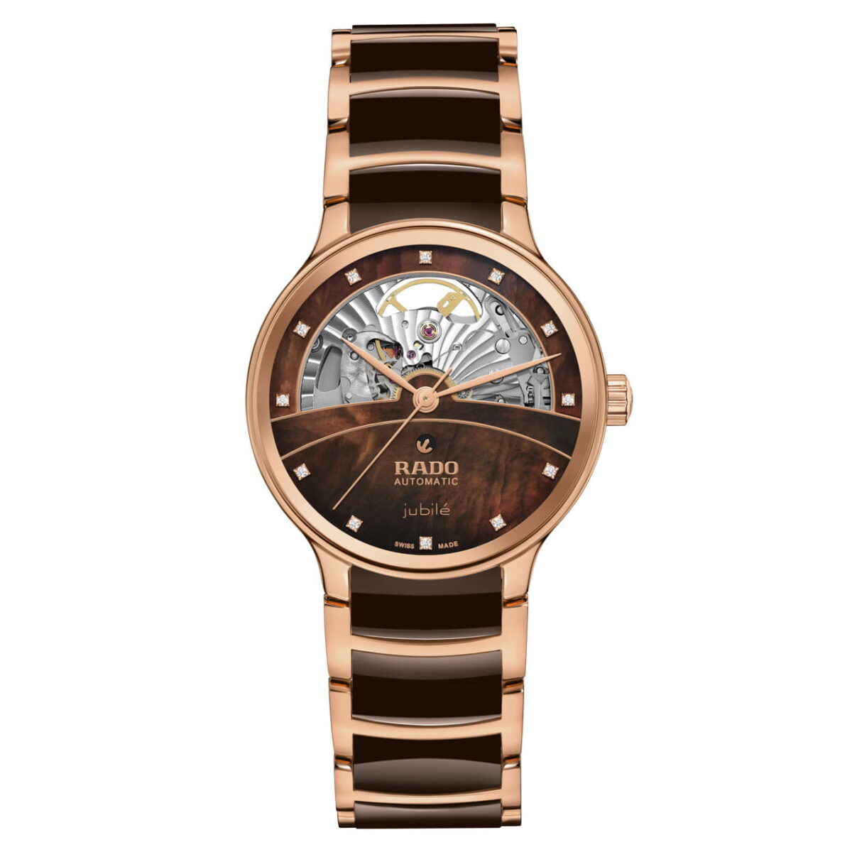 Rado Centrix Automatic Diamonds Open Heart Jubile Uhr Damen Braun Bicolor 35mm R30029902 Soldat