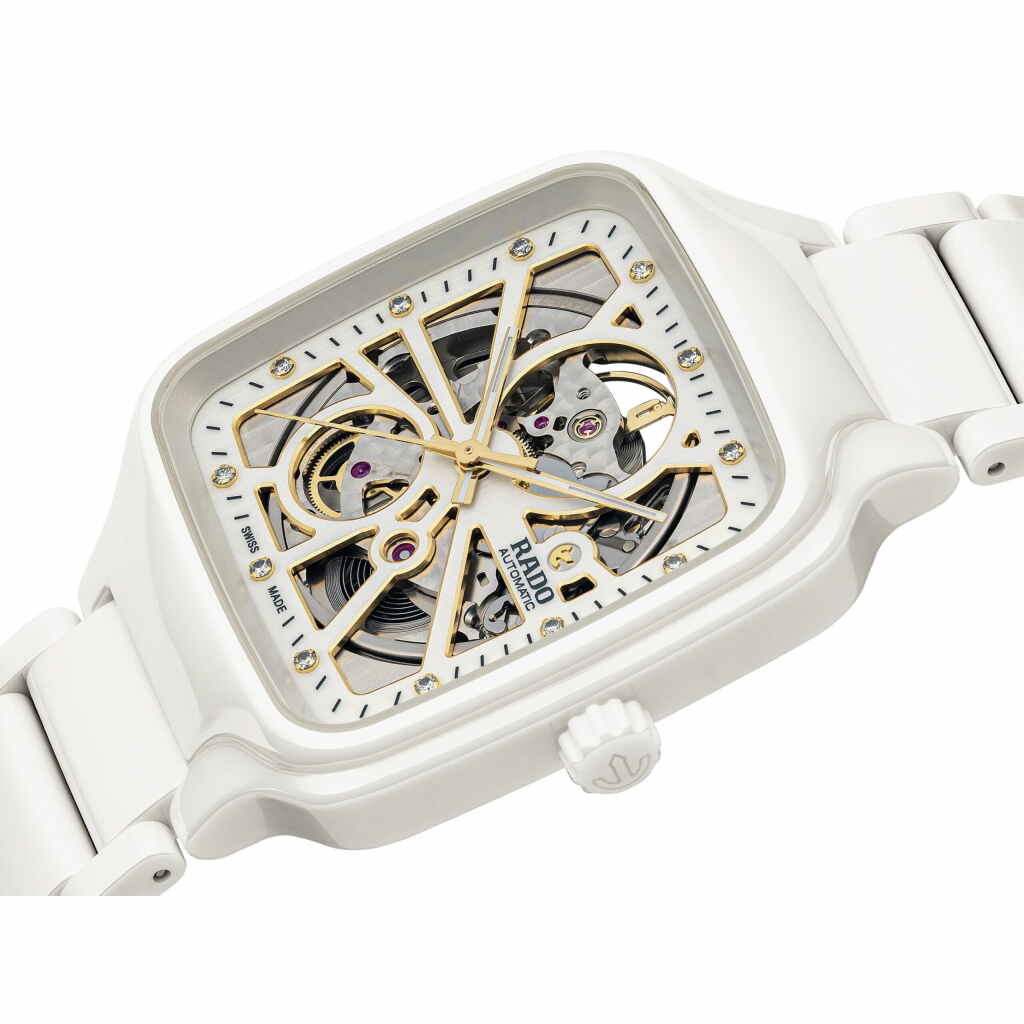Rado True Square Automatic Open Heart Herren Damen Uhr viereckig weiss Keramik 38mm R27073702 Detail