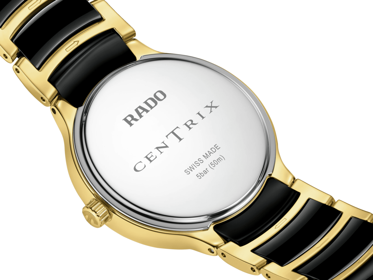 Rado Centrix Diamonds Jubile Damenuhr Schwarz Bicolor mit Diamanten Quarz 35mm R30039712 gehäuseboden