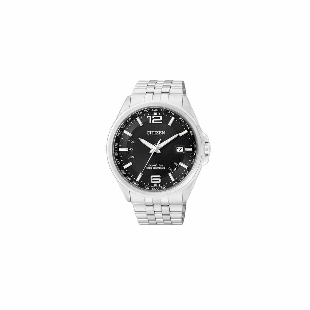 Citizen Funk-Uhr Herren silber schwarz 43mm Elegant Evolution 5 World Timer Eco-Drive Quarz Edelstahl-Armband CB0010-88E