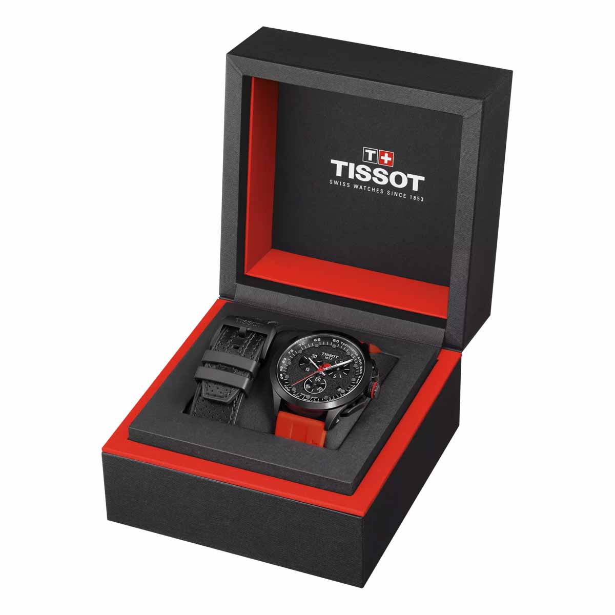 Tissot T-Race Cycling Vuelta 2023 Quarz-Chronograph Schwarz PVD Rot-Schwarz Silikon/Leder Ø 45 mm T1354173705104 -